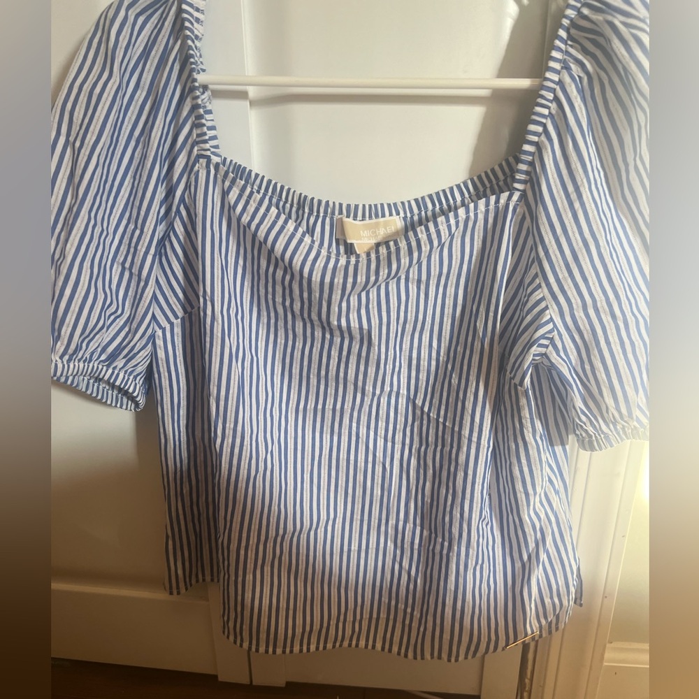 michael kors blue and white striped shirt off shoulders puffy sleeves large L